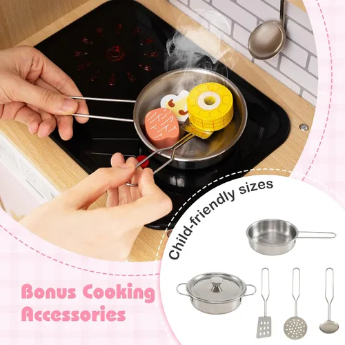 Miniatura 5 de Costzon Juego de cocina para niños, juguete Montessori de madera para niños pequeños con puerta de ratán, luz y sonido, dispensador de agua, Ratán