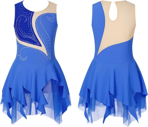 JEATHA Disfraz de ballet brillante con diamantes de imitación para niños, sin mangas, falda de patinaje sobre hielo, vestido de leotardo de gimnasia