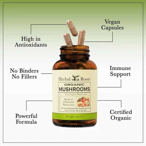 Miniatura 5 de Herbal Roots Cápsulas orgánicas de suplemento de mezcla de hongos 8 - Extractos corporales 100% fructíferos - Bienestar e inmunidad - 60 cápsulas
