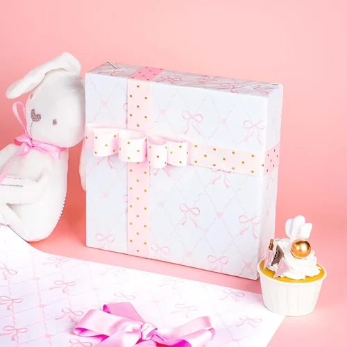 Miniatura 2 de BIOBROWN Rollo de papel de regalo reversible para baby shower, 17 pulgadas x 33 pies (47 pies cuadrados total) - Lazos rosas y diseño de diamante