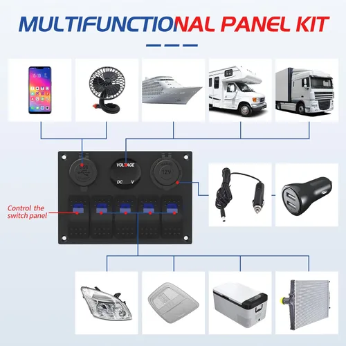 Miniatura 5 de RVMARINEPAT - Panel de interruptores marinos impermeable de 12 voltios, 5 mandos, interruptor basculante azul con luz, con doble toma USB de 4,8 A