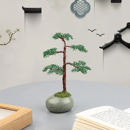 Miniatura 3 de rockcloud Árbol bonsái de alambre de aluminio artesanal con base de cerámica, árbol de dinero de piedra artificial para Feng Shui oficina decoración