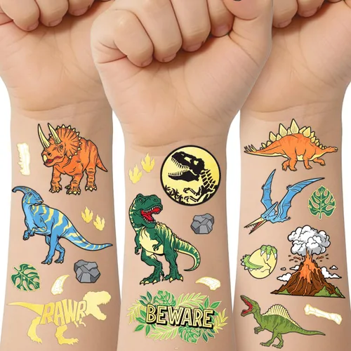 xo, Fetti Tatuajes temporales de dinosaurios – Lámina dorada, 44 piezas | Suministros para fiestas de cumpleaños jurásicas para niños, recuerdo de