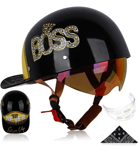 Miniatura 9 de Gorra de béisbol para motocicleta, 3 unidades, aprobado por DOT, estilo vintage, cara abierta, unisex, para adultos, medios cascos de doble lente