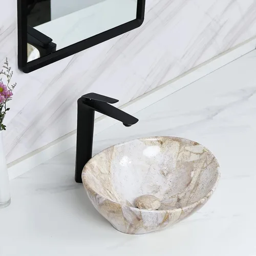 Miniatura 8 de Davivy Lavabo Ovalado de Veteado Nórdico de 16'' X 13'' con Desagüe Pop Up, Lavabo de Cerámica, Lavabos de Baño Sobre Encimera, Lavabos de Baño