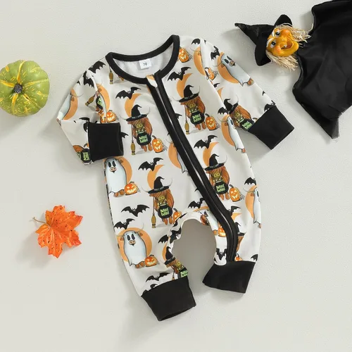 Miniatura 2 de Wrrkayly Ropa de Halloween para bebés niños y niñas, recién nacidos, manga larga, con capucha, mameluco de calabaza, fantasma, con cremallera
