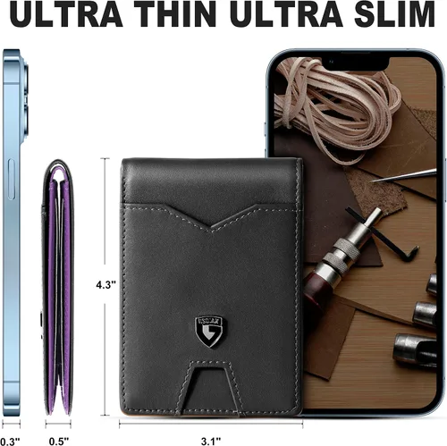 Miniatura 5 de GSOIAX Billetera delgada para hombre, minimalista, de piel auténtica, fibra de carbono, bloqueo Rfid, doble tarjetero con caja de regalo, Negro