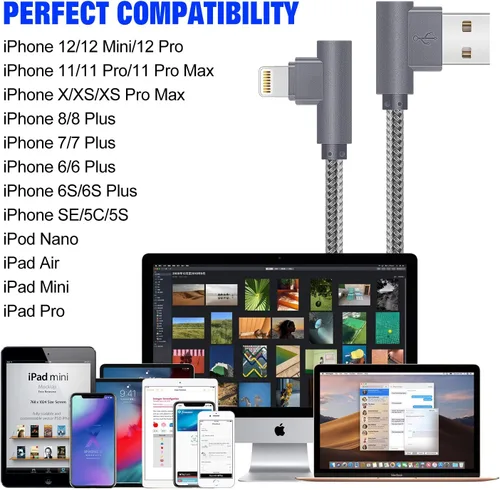 Miniatura 6 de APFEN Paquete de 3 cables de carga para iPhone de 6 pies y 90 grados, 2.4A, cable de carga súper rápida compatible con iPhone Xs