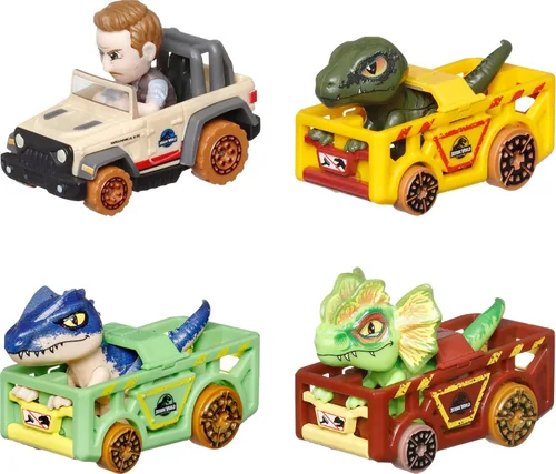 Miniatura 4 de Hot Wheels - Autos de juguete fundidos a presión, paquete de 4 vehículos RacerVerse con personajes de Jurassic World Charlie, Owen, Dilophosaurus