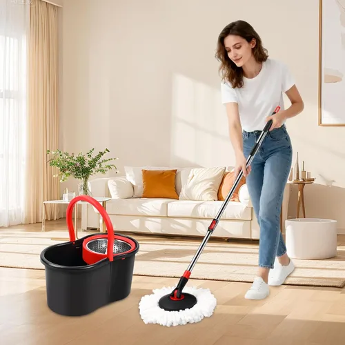 Miniatura 7 de Trapeador giratorio y cubo, trapeador y cubo con escurridor para el hogar, herramienta de limpieza de pisos de cubo giratorio 360 con 1 cabezal