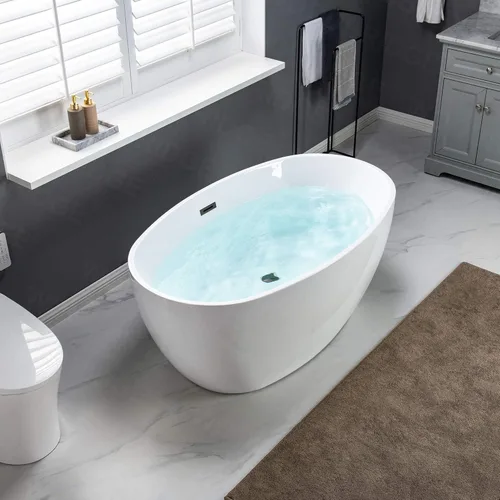 Miniatura 12 de WOODBRIDGE Bañera de acrílico independiente de 55 pulgadas, bañera blanca de remojo contemporáneo con desbordamiento y drenaje negro mate, B1418