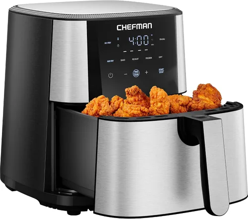 Chefman Freidora de aire de 6 cuartos de galón | TurboFry® 5 en 1 con opción Hi-Fry de 450°F para resultados más crujientes | Hornea, deshidrata,