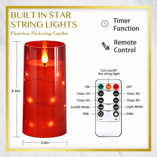 Miniatura 7 de NURADA Velas parpadeantes sin llama: luces de cadena de estrellas integradas que funcionan con pilas, velas LED de pilar con control remoto y Rojo