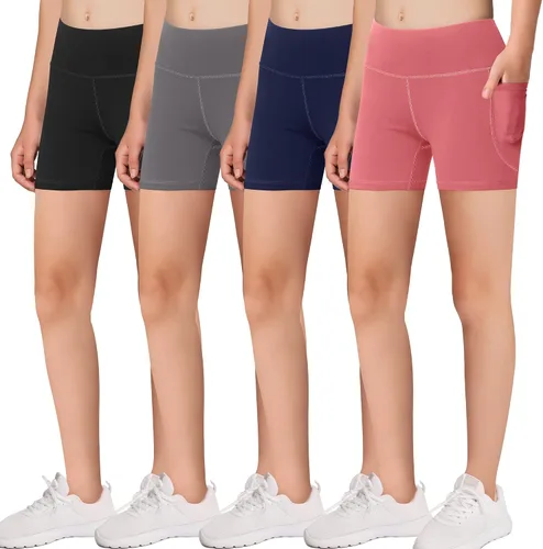 MIRITY Pantalones cortos deportivos de ciclista con bolsillos para niñas, para bailar, yoga, correr, fútbol, voleibol, bicicleta, (paquete de 4)