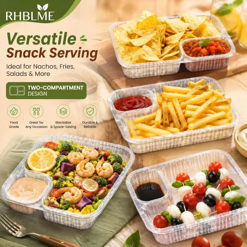 Miniatura 6 de RHBLME Paquete de 300 bandejas grandes de plástico para nachos de 8 x 6 pulgadas, 2 compartimentos desechables, recipientes de plástico para nachos