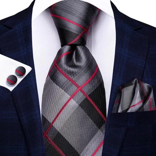 Miniatura 124 de Hi-Tie Corbata clásica de cachemira para hombre con pañuelo y gemelos a cuadros