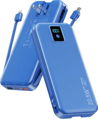 Cargador portátil, cargador de batería de carga rápida de 12000 mAh 22.5 W con cables integrados y enchufe de pared, paquete de baterías esenciales