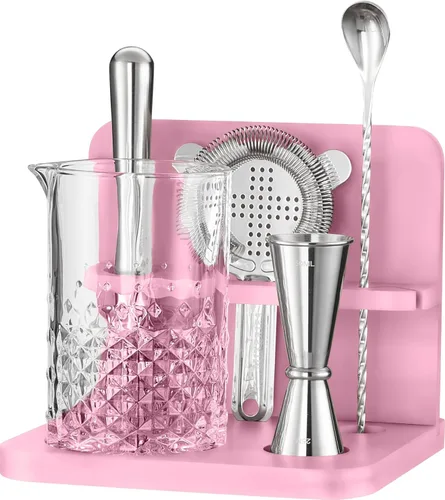 Mixeries Juego de vasos mezcladores de cristal para cóctel con soporte de bambú, 22 onzas, fondo grueso y resistente, diseño duradero y sin costuras