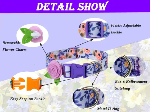 Miniatura 3 de Paquete de 2 collares de primavera para perros pequeños, collar de perro floral de liberación rápida con lazo de flores