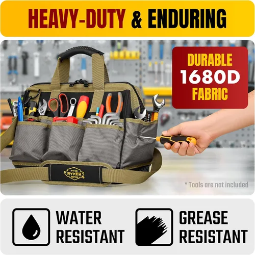 Miniatura 5 de Bolsa de herramientas grande Ryker de 16 pulgadas, organizador de bolsa de herramientas resistente para hombres/mujeres, 28 bolsillos, bolsas