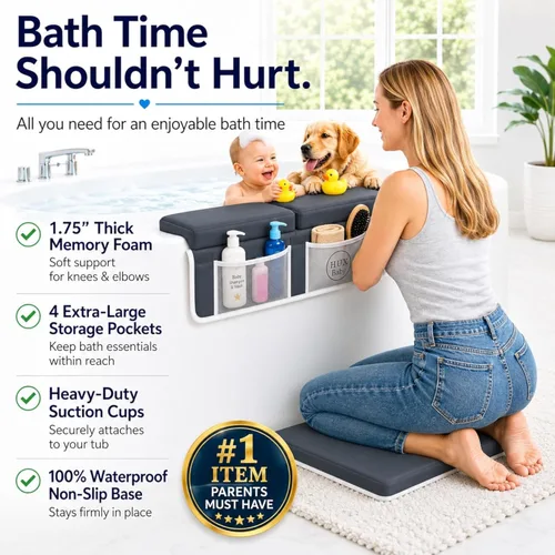 Miniatura 3 de Cómodo juego de rodilleras y coderas de baño para bebé, almohadilla antideslizante para bañarse, tapete acolchado para bañera, coderas, bolsillos