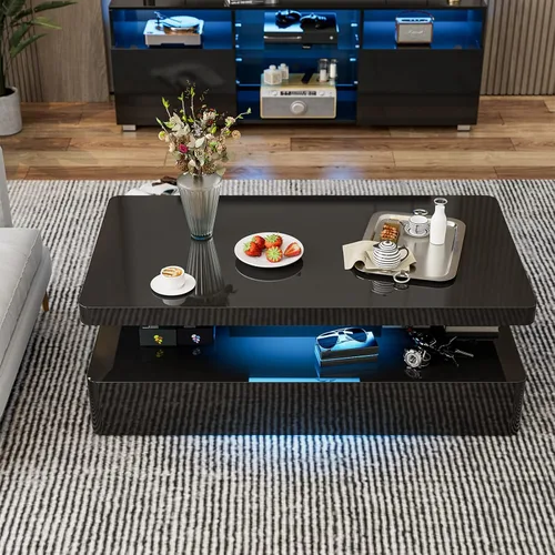Miniatura 5 de Mesa de centro LED moderna, mesa de centro negra de alto brillo con luces LED de 16 colores, rectangular, 43.3 x 23.6 x 15.4 pulgadas Negro