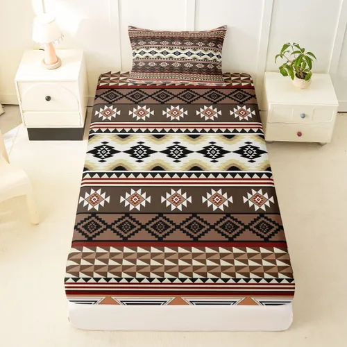 Miniatura 71 de Juego de ropa de cama occidental tamaño individual, sábanas aztecas, estilo nórdico exótico, bohemio, sábana bajera ajustable de tribu india