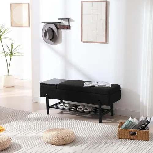 Miniatura 5 de ROCITY Banco de almacenamiento moderno negro con asiento de cojín y patas de madera, 46.5 x 19.25 x 16 pulgadas Lana de cordero negra