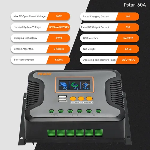 Miniatura 4 de Regulador de carga solar PowMr 80 A 12 V 24 V 36 V 48 V Auto, regulador solar de 80 amperios con parámetro ajustable, pantalla LCD y doble USB, apto