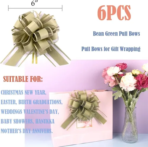 Miniatura 3 de 6 piezas de lazos de tirar, lazo de regalo verde frijol, 6 pulgadas, Navidad, fiesta, regalo de cumpleaños, boda, lazos de cinta para envolver cajas