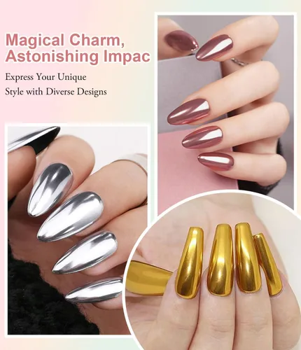 Miniatura 2 de Polvo de uñas 100% cromado BISHENGYF: Polvo cromado de efecto metálico súper NO.1 para uñas Oro Plata Blanco Laser Holográfico Blanco Perla Cromo A