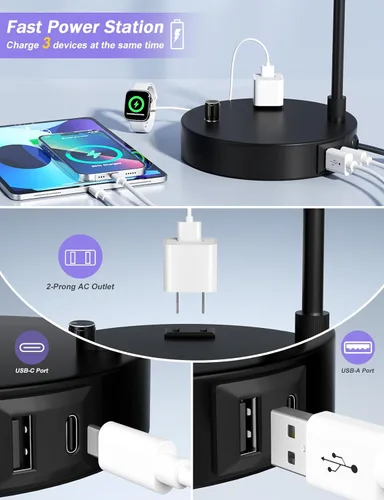Miniatura 2 de Innqoo Lámpara de mesa alta con puerto USB y tomacorriente, lámparas de mesita de noche regulables con pantalla de lino, lámpara de escritorio