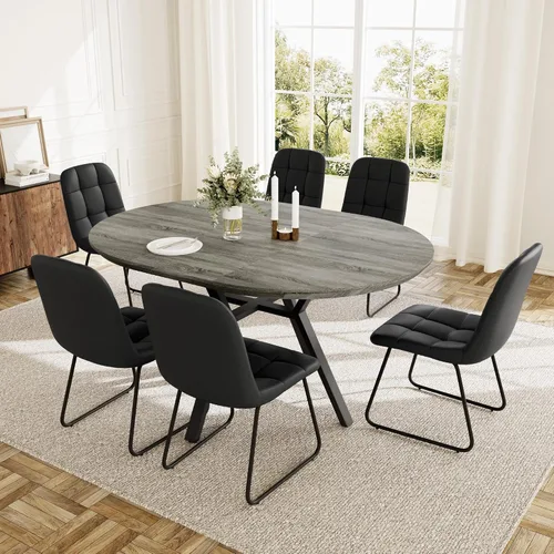 Miniatura 7 de HIPIHOM Juego de mesa de comedor redonda extensible para 6 personas, mesa de cocina extensible de 43.3 a 59.1 pulgadas con 6 sillas tapizadas, Mesa