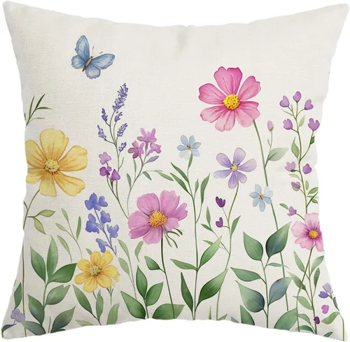 AACORS AA056-16 - Funda de almohada de primavera de 16 x 16 pulgadas, flores multicolores, decoración de mariposa, funda de cojín de verano para el