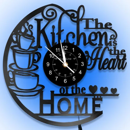 Reloj de pared de cocina KingLive con luz LED de 7 colores, tema de café vintage, decoración de disco de vinilo para barra de café de cocina