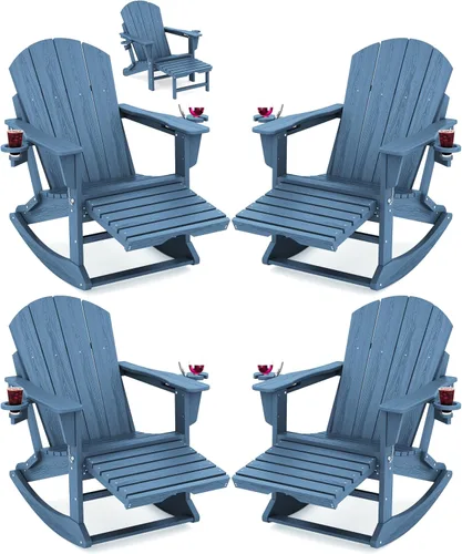 Miniatura 13 de Mecedora Adirondack de KINGYES con Otomana Retráctil y Portavasos, Silla Reclinable de Patio de HDPE Adirondack para Porche, Patio, Balcón, Azul Aqua