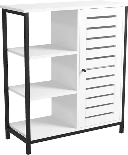 Miniatura 4 de Armario de almacenamiento de 4 niveles, color blanco y negro, estantería multiusos, 3 estantes abiertos con persianas para puerta para cocina, sala