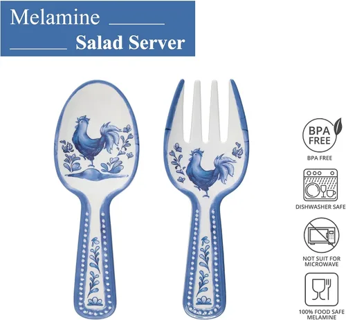 Miniatura 5 de UP ware Blue Rooster - Servidores de ensalada de melamina, juego de utensilios para servir, incluye tenedor y cuchara para tirar ensalada, pasta