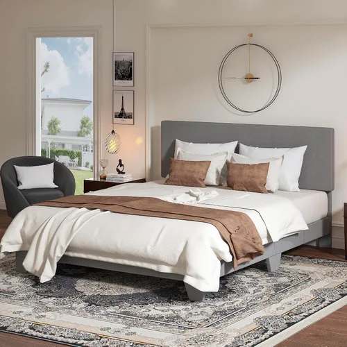 Miniatura 9 de WEEWAY Base de cama de plataforma tapizada completa con cabecero ajustable y listones de madera fuertes, base de colchón resistente, no necesita