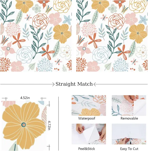 Miniatura 5 de WENMER Papel tapiz floral para despegar y pegar de 17.71 x 118 pulgadas, papel tapiz floral bohemio, papel de contacto floral rosa, autoadhesivo