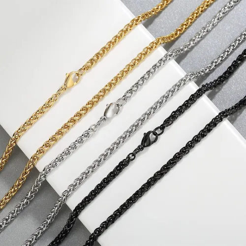 Miniatura 4 de Garysiom 3 collares de cadena para hombres, cadenas de trigo de acero inoxidable de 0.157in, oro negro y plata para hombres y niños, regalo