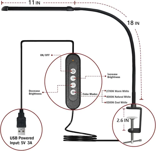 Miniatura 5 de Lámpara de escritorio LED con abrazadera, lámpara de abrazadera con modos de color ajustables, luz con clip con cuello de cisne flexible largo