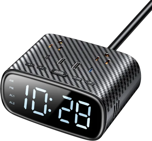 Sussex Reloj despertador con 2 USB-C, 2 cargadores USB-A, 2 tomas de corriente, 2 tomacorrientes, pantalla LED, reloj digital regulable con función