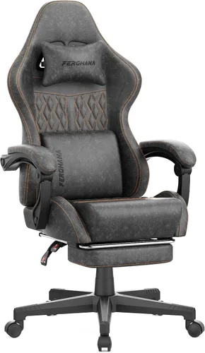 Miniatura 12 de Ferghana Silla vintage de piel sintética para videojuegos, silla de jugador con respaldo alto con masaje, silla ergonómica de oficina para Gris Acero