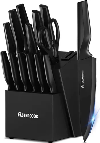 Astercook - Juego de cuchillos de cocina, juego de cuchillos con bloque de afilador incorporado, apto para lavavajillas, juego de 15 piezas de