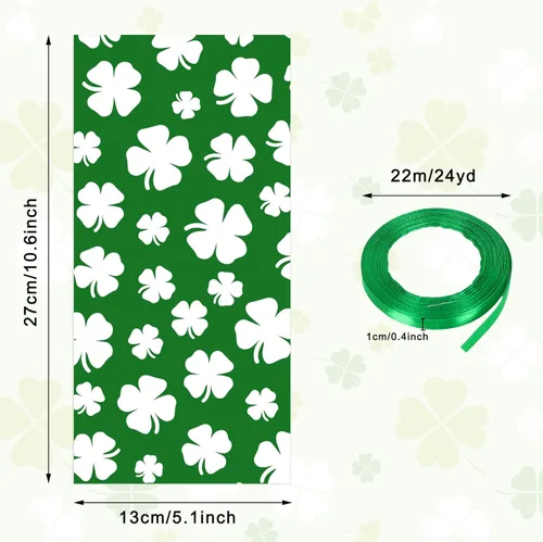 Miniatura 2 de Whaline 160 bolsas de celofán del día de San Patricio, trébol de trébol, caramelos, bolsas de celofán, bolsas de plástico con cinta verde