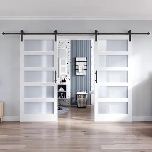 Miniatura 16 de Losa para puerta corrediza de granero de vidrio de 28 x 84 pulgadas y kit de herrajes de 5 pies incluido, 5 vidrios esmerilados, panel de madera LVL