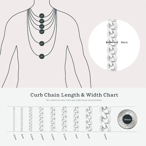 Miniatura 5 de KEZEF Sterling Silver 8mm Mens Curb Link Chain Necklace or Bracelet Made in Italy Creations