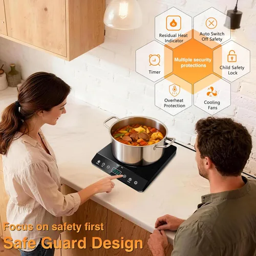 Miniatura 4 de Placa de inducción de quemador único, cocina de inducción portátil certificada ETL de 1800 W, bobina de calentamiento grande de 8 pulgadas, 12