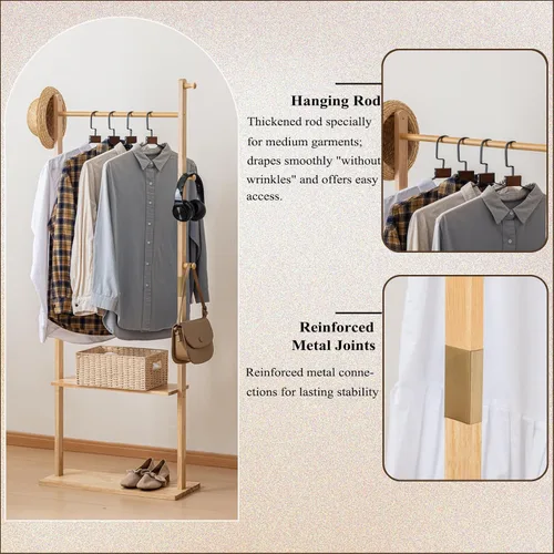 Miniatura 4 de SOBIBO Perchero de madera maciza con estantes y ganchos, perchero para ropa con almacenamiento para pasillo, dormitorio, sala de estar, 15.75